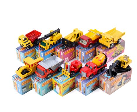 Ten boxed Matchbox Superfast diecast construction vehicles. Comprising MB-19 Cement Truck, MB-49 Crane Truck, MB-15 Fork Lift
