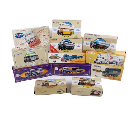 Twelve boxed Corgi buses and commercial vehicles. Comprising a Cadbury's Dairy Milk Chocolate Foden FG Cylindrical Tanker, 12