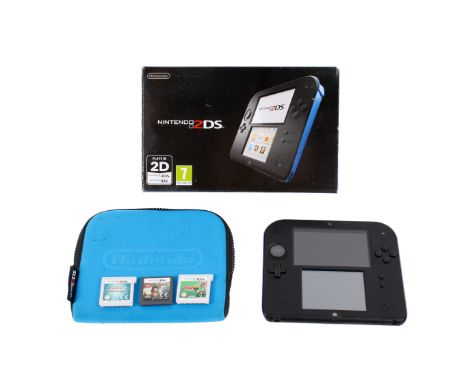 A Nintendo 2DS, boxed. In black and blue. The pack including a Nintendo 2DS System, 3DS AC power adapter, memory card and ope