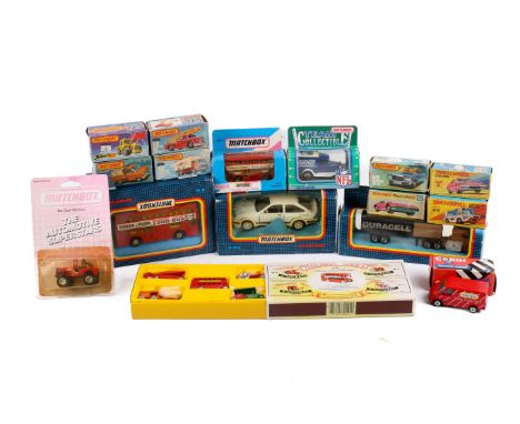 A small collection of vintage Matchbox die-cast vehicles. Including  tractor, 29, snorkel fire engine, 13, Lotus, 5, 40th ann