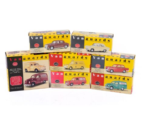Seven boxed Vanguards diecast vehicles. 1:43 scale, comprising a Maroon Rover, VA19000, Ford Anglica Van-Automobile Associati