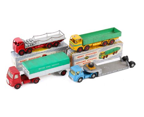 Four Dinky Supertoys diecast vehicles. Comprising a boxed Foden Flat Truck with chains, 905, a boxed Leyland Octopus Wagon, 9