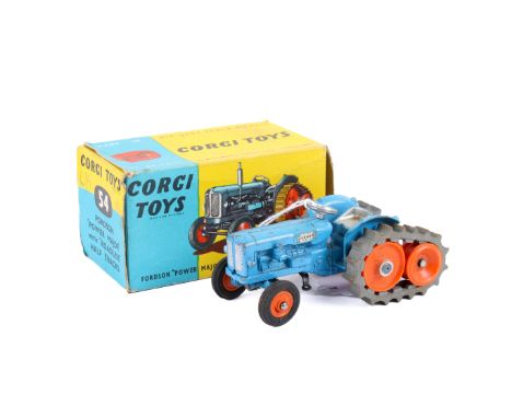 A Corgi 54 Fordson 'Power Major' with 'Roadless' Half Tracks. In mid blue with orange plastic wheels, with grey rubber tracks