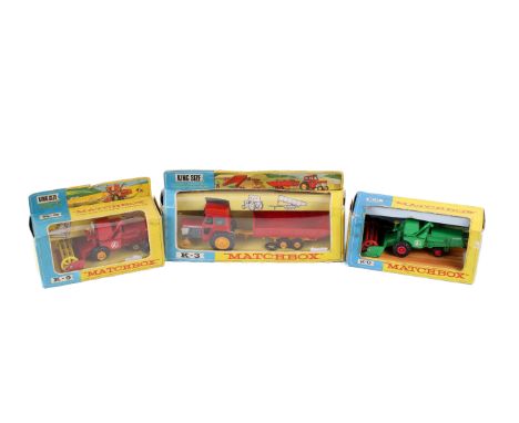 Three boxed Matchbox King Size diecast vehicles. Comprising a K-9 Combine Harvester, a K-3 Massey Ferguson Tractor & Trailer 