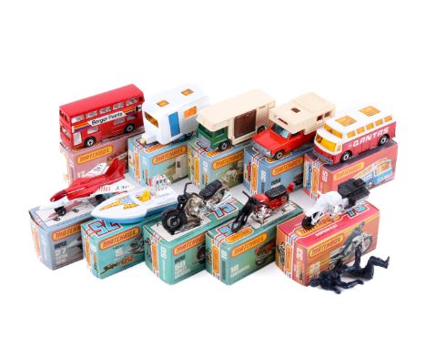 Ten boxed Matchbox Superfast diecast vehicles. Comprising a MB-31 Caravan, MB-65 Airport Coach, MB-38 Camper, MB-17 The Londo