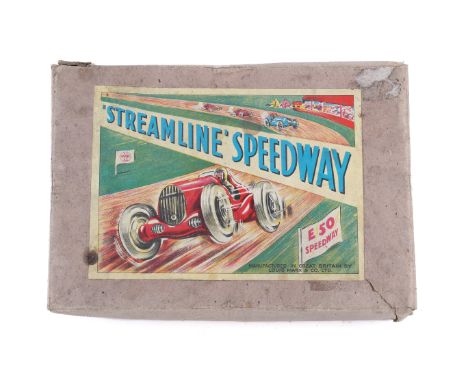 A Marx Toys (UK) 'Streamline Speedway' set. The 1950's tinplate clockwork motorized racing layout with curved and straight ti
