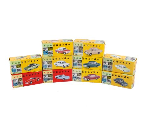 Ten boxed Vanguards diecast cars. 1:43 scales, comprising Onyx Green Metallic Ford Granada Ghia, VA05202, Green Morris Oxford