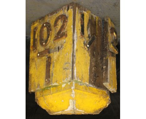 Wooden Post Mountable Mile Marker Sign with cast metal numbers, Item is in very poor condition and will require restoration.&