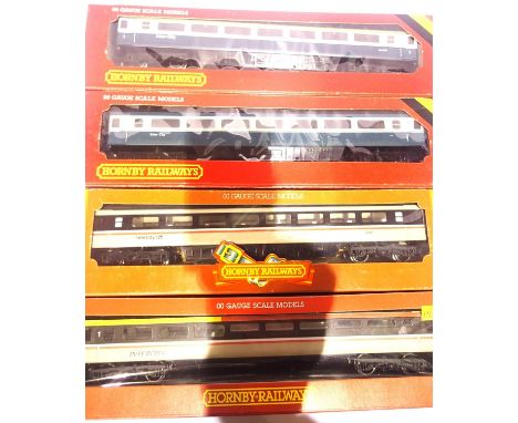 Four Hornby MK3 coaches 1st and open 2nd; blue/grey Buffett and 2nd Intercity. P&amp;P Group 1 (£14+VAT for the first lot and