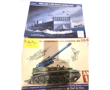 Trumpeter 1/72 scale WWII landing craft plastic kit and Heller 1/35 scale AMX 13 with 155 gun. P&amp;P Group 2 (£18+VAT for t