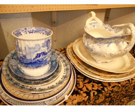 A good selection of Victorian meat and serving plates, a large Victorian blue and white twin-handled tureen, along with a Spo
