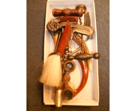 A mixed selection of items to include mother of pearl opera glasses, corkscrews etc