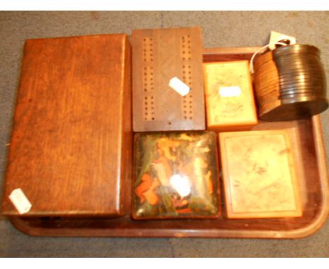 A selection of wooden boxes to include cribbage board, and tobacco jar 