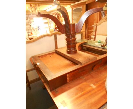 A 19th C mahogany drop leaf side table with two short drawers resting on a turned column base with splayed legs (A/F)