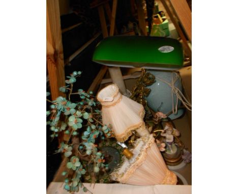 A boxed of assorted table lamps to include brass and green glass banker's lamp
