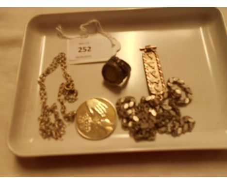 An Egyptian silver Cartouche pendant and chain, a white metal mothers day pendant and a silver signet ring set with a silver 