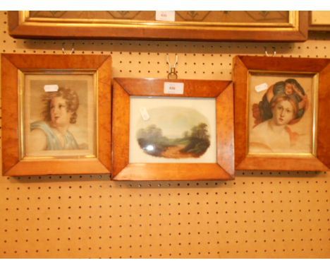 Two hand coloured mezzotint portraits in walnut frames and a painted tile with landscape scene, framed