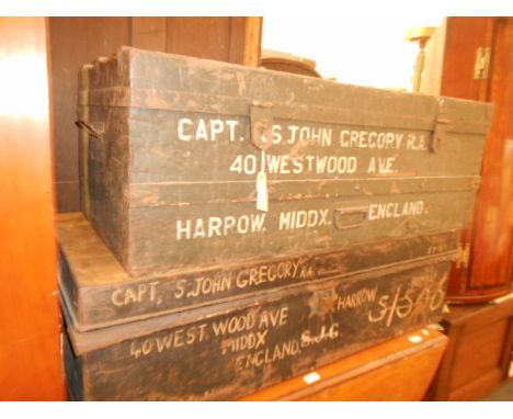 An iron bound military trunk once belonging to Captain John Gregory R.A. together with another similar