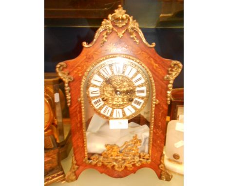 A late 20th C walnut cased bracket clock, decorated with marquetry inlay and ormolu mounts, the brass and enamel chapter ring