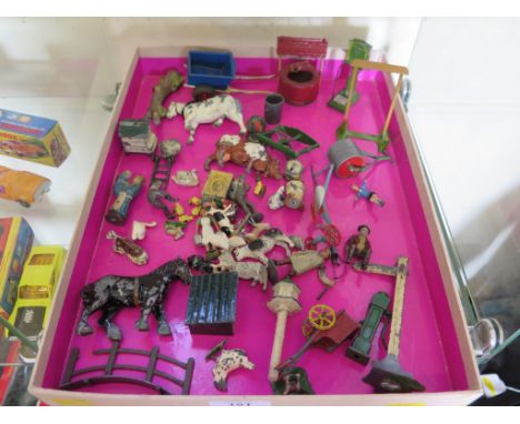 Britains Farm issues including workers, livestock, boy on swing and a Dinky Toys garden roller 