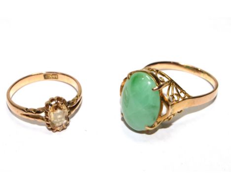 A cabochon jade ring together with a 15 carat gold citrine ring 