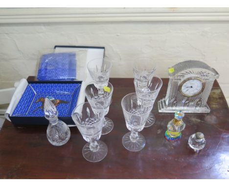 A set of six Waterford Crystal wine glasses, Waterford Crystal table clock, a Limoges porcelain Godolphin limited edition dis