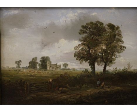 British SchoolFigures on a lane before a gate and a churchOil on board14 x 19 cm 