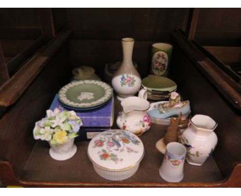 A Royal Albert Beatrix Potter figure of The Old Woman who lived in a Shoe, two Carlton Ware leaf shaped dishes, and various W