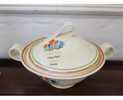 A Clarice Cliff special crocus pattern tureen with cover, 28.5 cm wide 