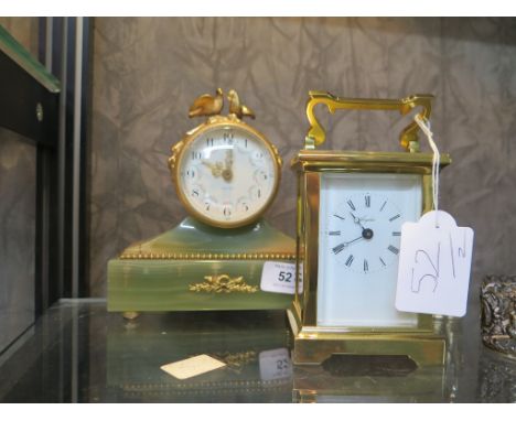 A Swiss Angelus solid brass quartz carriage clock, together with a mantel clock with green onyx and brass decoration by Weiss