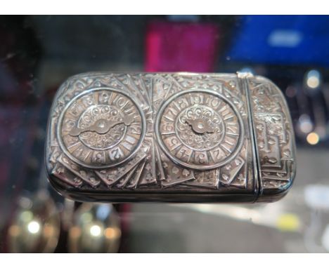 An American silver vesta case, with playing card decoration and two dial counters, stamped Wallace &amp; Sons, 6.8cm high 