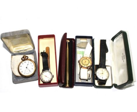 A gentleman's dress rolled gold pocket watch, three gentlemen's wrist watches and a rolled gold propelling pencil 