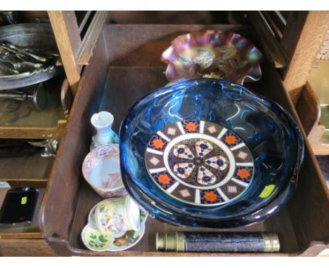 A 19th century Crown Derby tea cup, a Royal Crown Derby side plate, a Whitefriars style blue glass bowl, a three drawer brass