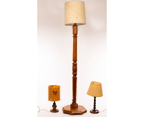 Theo Merrett and Dennis French, an Arts & Crafts style wooden standard lamp, 129cm high, a rose woodblock table lamp by Theo 