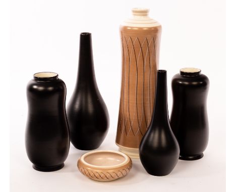 Poole Pottery, a freeform vase, PRB pattern, 32cm high, a matching pin dish, 11cm diameter, two black peanut vases, 19cm high