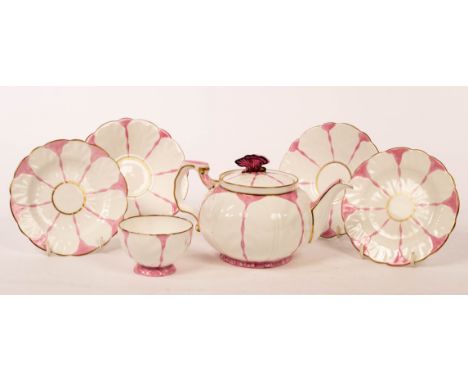 An Aynsley part tea service, Pink Butterfly pattern no. B1322, comprising teapot and cover, sugar bowl, 2 plates, 2 saucers a