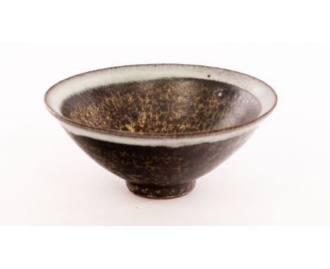 Emmanuel Cooper (1938-2018), a stoneware bowl, white opaque glaze over black slip, impressed mark (partially glazed), 15.5cm 