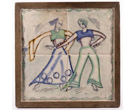 Poole Pottery, a four-tile panel, Art Deco style figures, mounted in a wooden frame, 35cm square