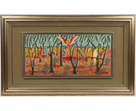 Henri Bastin (1896-1979)/Budgerigars in Australian Outback/signed and dated 1971/oil on board, 29cm x 60.5cm CONDITION REPORT