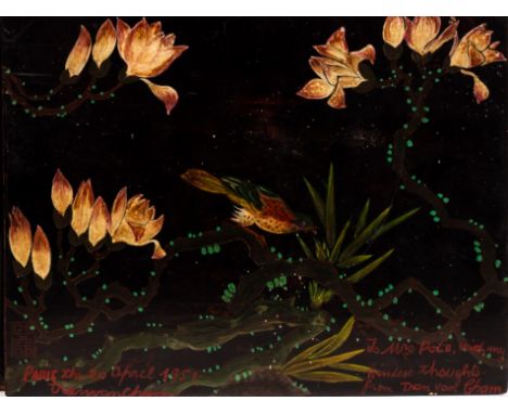 A lacquer panel decorated birds in magnolia branches, signed and inscribed from Fran van Cham, Paris (unframed), 24cm x 19cm