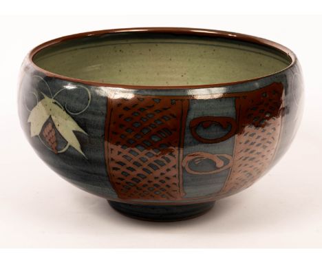 David Frith (born 1943), a large stoneware bowl, blue glaze with hop flower and trellis motifs in white and iron, impressed D