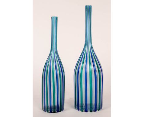 Orlando Zennaro, Murano, two glass bottles in clear, blue and green stripes, signed Zennaro to base, 36.5cm and 32.5cm high, 