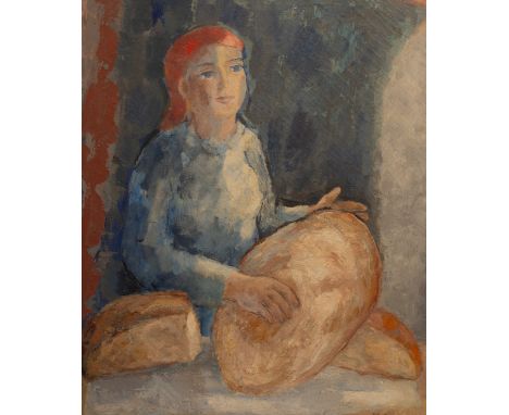 Manuel Colmeiro/Mujer con Pan/three-quarter length portrait of a girl with loaves of bread/signed lower right/oil on canvas, 