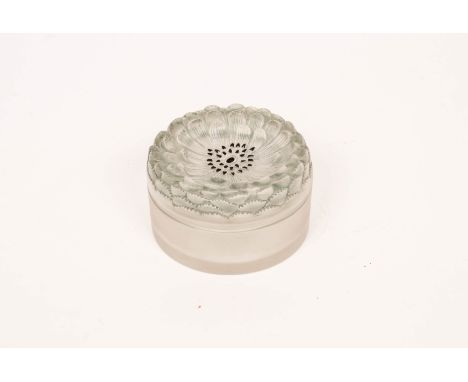 Lalique, a clear and frosted glass circular box and cover, Dahlia pattern, engraved mark to base R. Lalique, France, 12cm dia