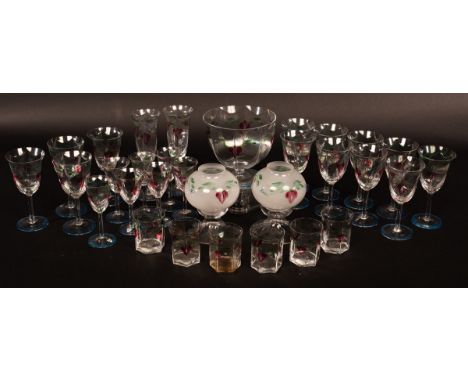 Orrefors, a suite of drinking glasses with enamelled floral decoration, comprising two champagne flutes, thirteen wine glasse