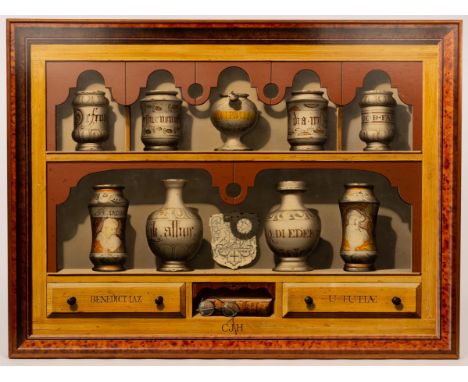 Christopher John Harrison (born 1945)/Drug Jar Compendium/a trompe l'oeil study of a dresser with albarellos and drug jars/mo