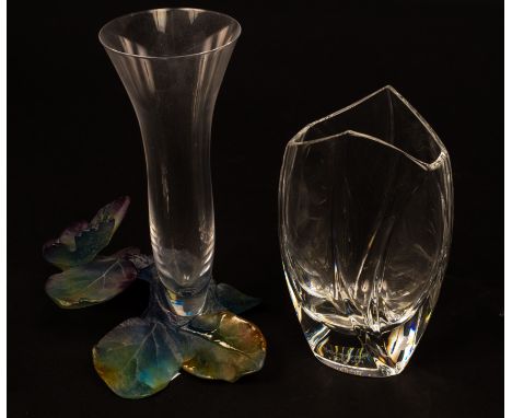 Daum, a crystal and pate-de-verre Papillon solifleur vase, incised mark to base, 21cm high and a Baccarat crystal vase of mod