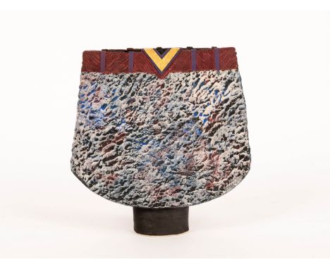 Philip Evans (Contemporary), a stoneware vessel, burgundy, blue and gold, signed, 20cm wide CONDITION REPORT: ARR Artist's Re
