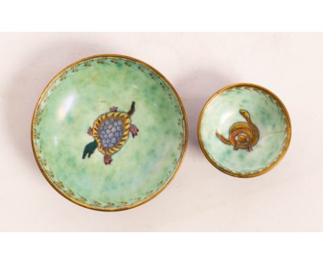 Two Wedgwood Fairyland lustre bowls, one with stylised gilt Oriental motifs against a mottled blue ground exterior, the inter
