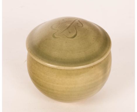 Bernard Leach (1887-1979) St Ives Pottery standard ware, a lidded jam pot, celadon glaze with a leaf motif to lid, impressed 